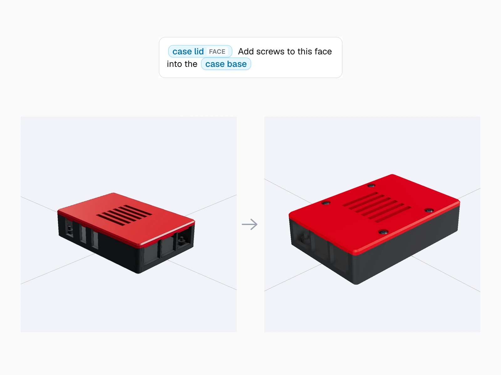 A prompt referencing the case lid face turns a plain case into one with four screws